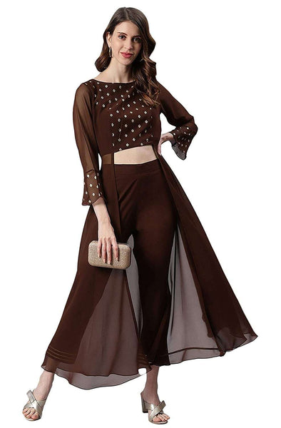 Brown Indian Crop Top With Pants Set vitansethnics