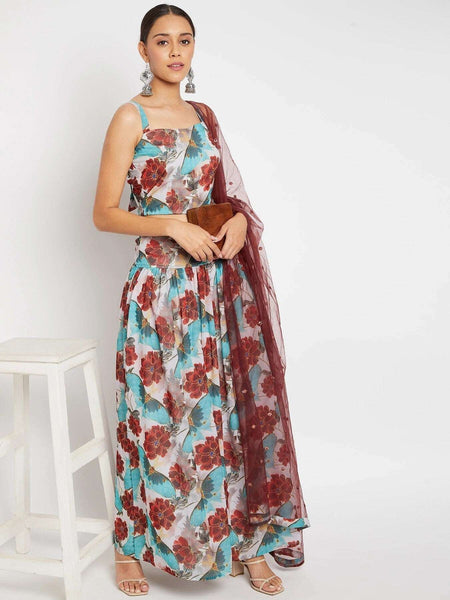 Blue Floral Printed Crop Top with Skirt & Dupatta Set | Lehenga Choli VitansEthnics