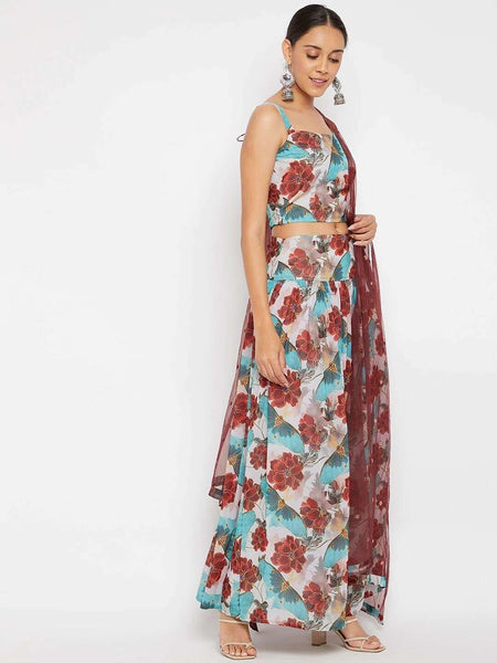 Blue Floral Printed Crop Top with Skirt & Dupatta Set | Lehenga Choli VitansEthnics