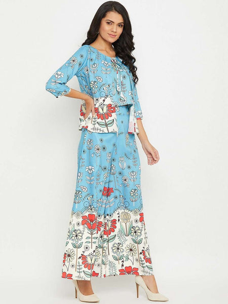 Blue Floral Printed Top with Skirt & Shrug Set| Co-ords Set VitansEthnics
