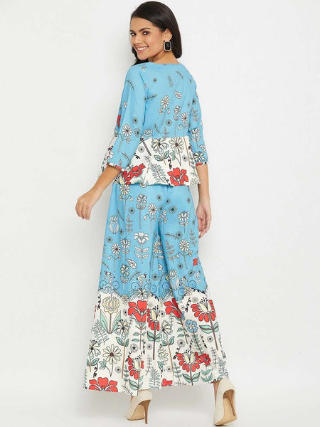 Blue Floral Printed Top with Skirt & Shrug Set| Co-ords Set VitansEthnics