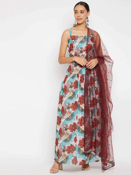 Blue Floral Printed Crop Top with Skirt & Dupatta Set | Lehenga Choli VitansEthnics