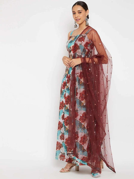 Blue Floral Printed Crop Top with Skirt & Dupatta Set | Lehenga Choli VitansEthnics