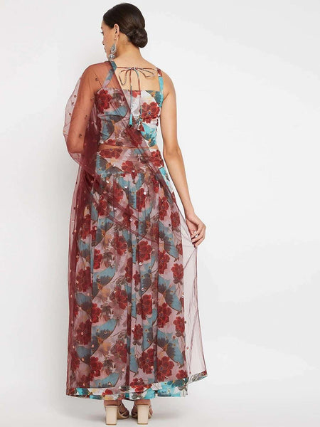 Blue Floral Printed Crop Top with Skirt & Dupatta Set | Lehenga Choli VitansEthnics