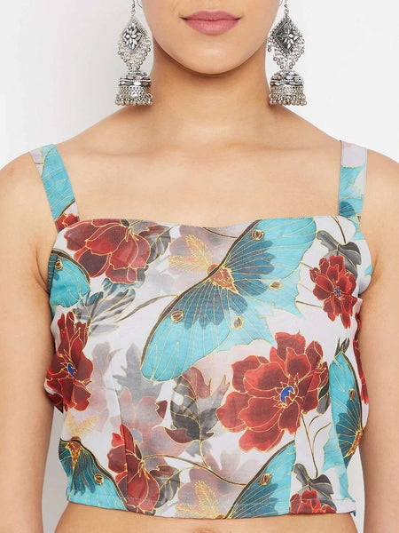 Blue Floral Printed Crop Top with Skirt & Dupatta Set | Lehenga Choli VitansEthnics