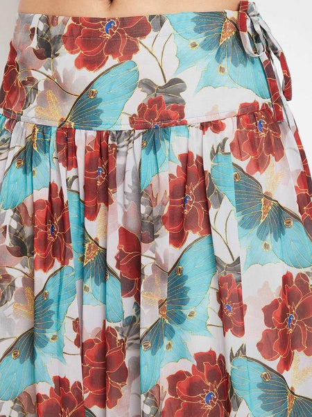 Blue Floral Printed Crop Top with Skirt & Dupatta Set | Lehenga Choli VitansEthnics