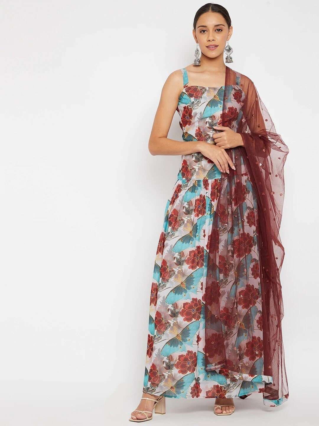 Blue Floral Printed Crop Top with Skirt & Dupatta Set | Lehenga Choli VitansEthnics