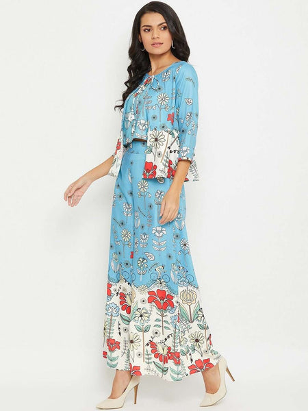 Blue Floral Printed Top with Skirt & Shrug Set| Co-ords Set VitansEthnics