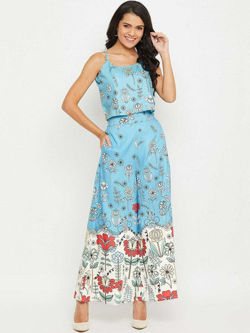 Blue Floral Printed Top with Skirt & Shrug Set| Co-ords Set VitansEthnics