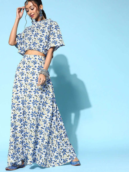 Designer Indian Floral Crop Top With Slit Skirt Set VitansEthnics