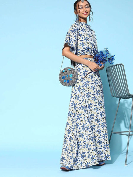 Designer Indian Floral Crop Top With Slit Skirt Set VitansEthnics