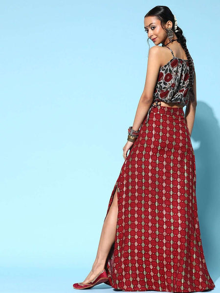Designer Indian Printed Top With Side Slit Maxi Skirt Set VitansEthnics