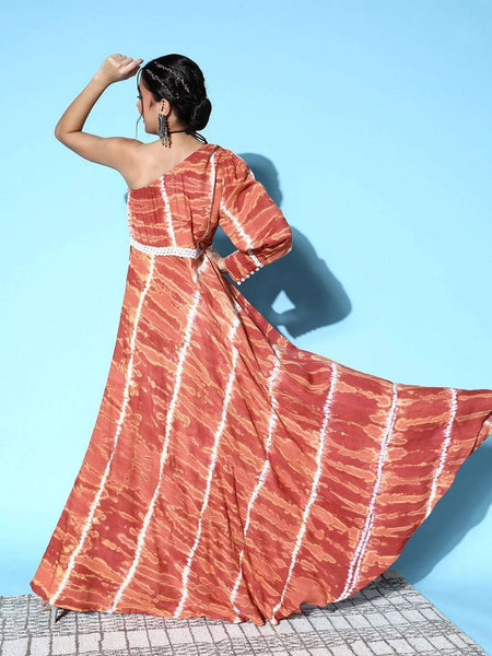 Brown & White Tie and Dye Dyed One Shoulder Maxi Dress VitansEthnics