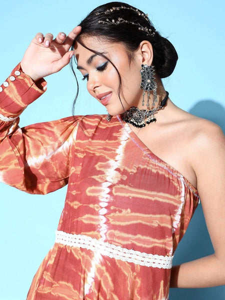 Brown & White Tie and Dye Dyed One Shoulder Maxi Dress VitansEthnics