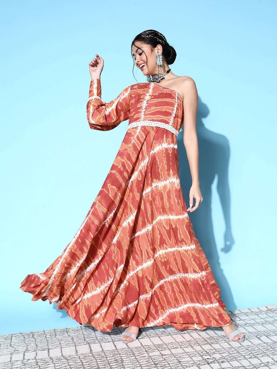 Brown & White Tie and Dye Dyed One Shoulder Maxi Dress VitansEthnics