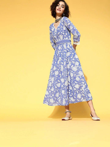 Blue Floral Ethnic A-Line Maxi Dress VitansEthnics