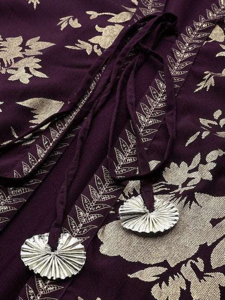 Burgundy Floral Fit & Flare Ethnic Maxi Dress, Attached Jacket Dress VitansEthnics