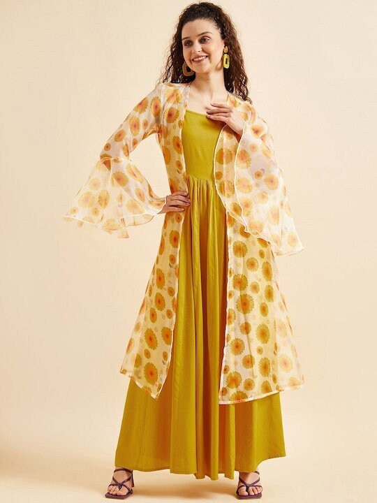 Designer Indian Layered Maxi Dress, Indian Dress For Women, Printed Indo Western Outfit, Anarkali Dress With Shrug, Indian Dress With Jacket VitansEthnics
