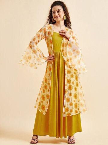 Designer Indian Layered Maxi Dress, Indian Dress For Women, Printed Indo Western Outfit, Anarkali Dress With Shrug, Indian Dress With Jacket VitansEthnics