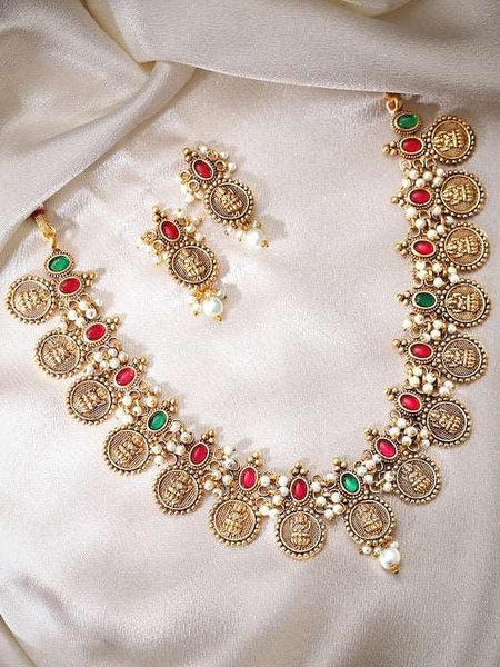 24K Gold-Plated Red & Green Stone-Studded Beaded Handcrafted Jewelry Set VitansEthnics