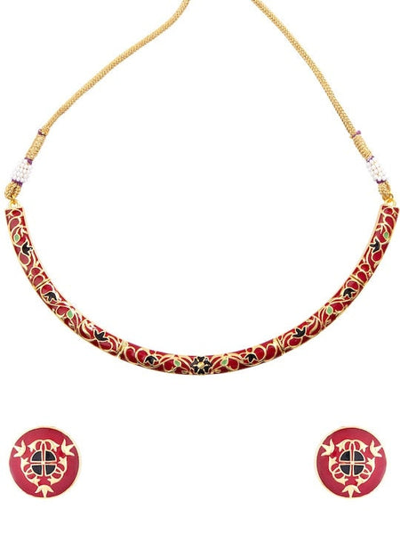 Gold-Plated & Red Enamelled Choker Jewellery Set For Women, Indian Choker With Earrings Set, Contemporary Necklace Set, Statement Jewelry VitansEthnics