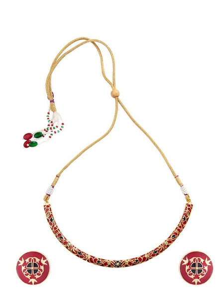 Gold-Plated & Red Enamelled Choker Jewellery Set For Women, Indian Choker With Earrings Set, Contemporary Necklace Set, Statement Jewelry VitansEthnics