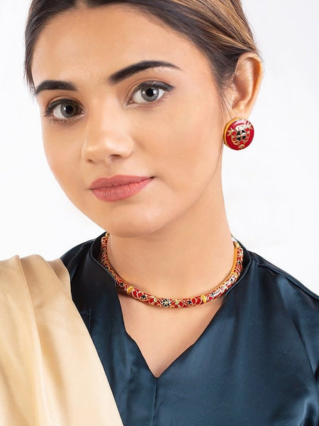 Gold-Plated & Red Enamelled Choker Jewellery Set For Women, Indian Choker With Earrings Set, Contemporary Necklace Set, Statement Jewelry VitansEthnics