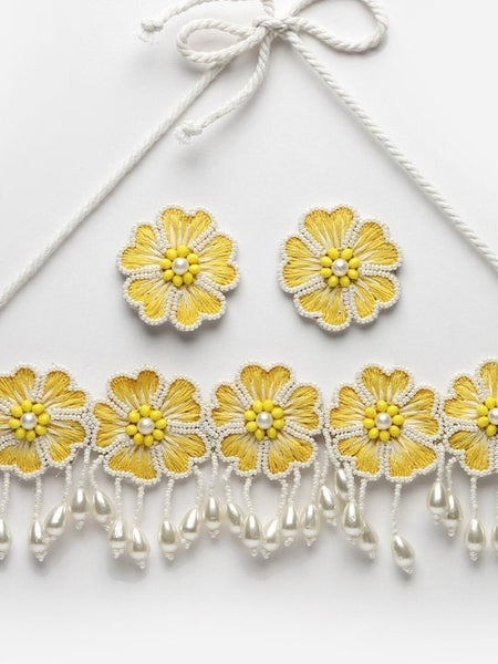 Off White & Yellow Pearls Contemporary Necklace Set, Choker Jewellery Set For Women, Indian Choker With Earrings Set, Statement Jewelry VitansEthnics