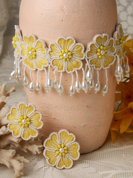 Off White & Yellow Pearls Contemporary Necklace Set, Choker Jewellery Set For Women, Indian Choker With Earrings Set, Statement Jewelry VitansEthnics