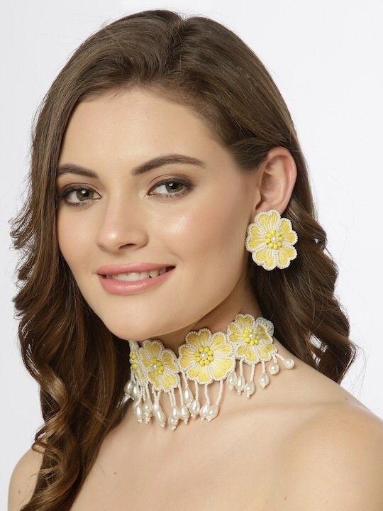 Off White & Yellow Pearls Contemporary Necklace Set, Choker Jewellery Set For Women, Indian Choker With Earrings Set, Statement Jewelry VitansEthnics