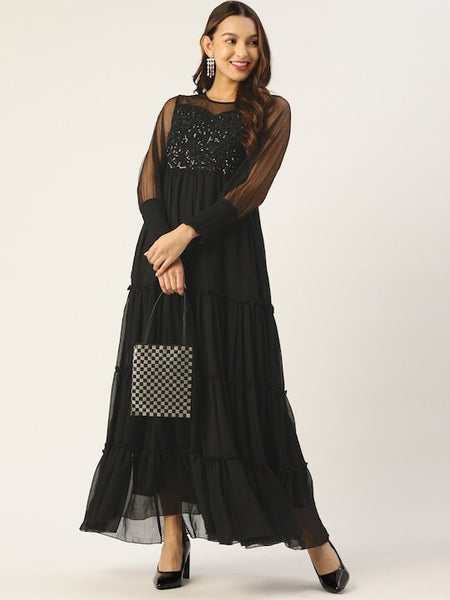 Black Embellished Chiffon Maxi Dress for Women, Indo-Western Dress, Party Wear Indian Outfit, Anarkali, Wedding wear outfit, Maxi Gown Dress VitansEthnics