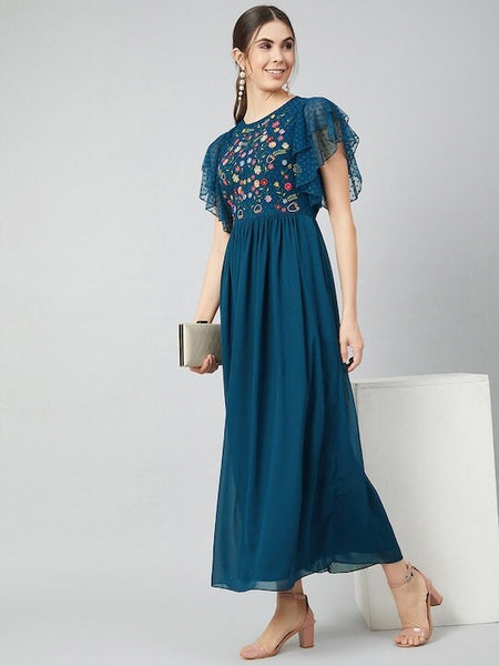 Blue Embroidered Maxi Dress for Women, Indo-Western Dress, Party Wear Indian Outfit, Anarkali, Wedding wear outfit, Maxi Gown Dress VitansEthnics