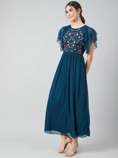Blue Embroidered Maxi Dress for Women, Indo-Western Dress, Party Wear Indian Outfit, Anarkali, Wedding wear outfit, Maxi Gown Dress VitansEthnics