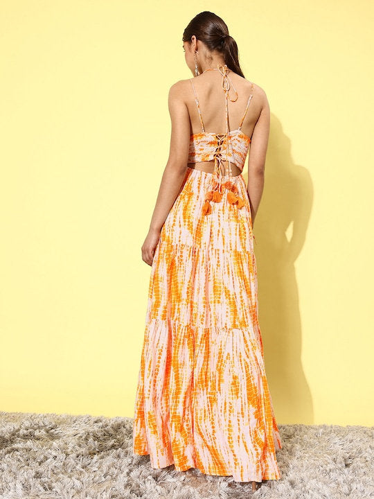 Women Yellow & White Shibori Dyed Maxi Dress M