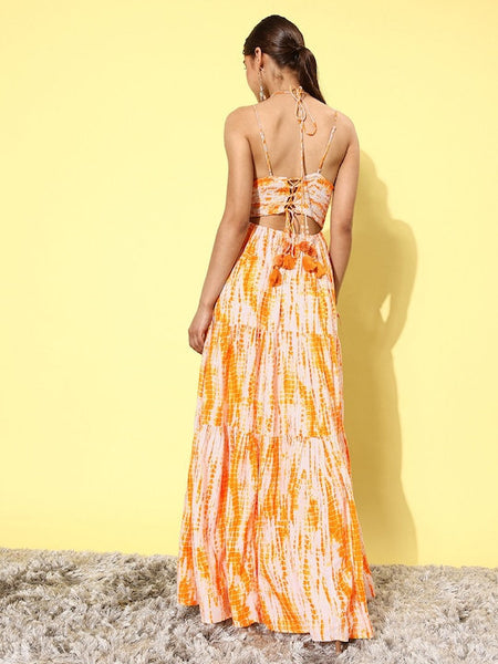 Women Yellow & White Shibori Dyed Maxi Dress, Indo-Western Dress, Party Wear Indian Outfit, Anarkali, Wedding wear outfit, Maxi Gown Dress VitansEthnics