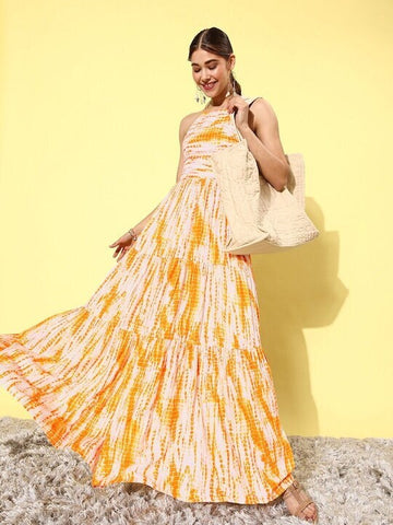 Women Yellow & White Shibori Dyed Maxi Dress, Indo-Western Dress, Party Wear Indian Outfit, Anarkali, Wedding wear outfit, Maxi Gown Dress VitansEthnics