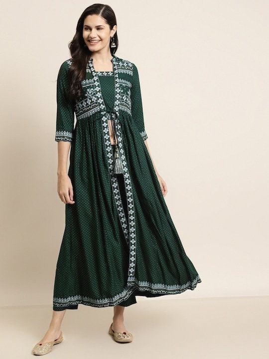 Women Ethnic Motifs Printed Layered Jacket Style Kurta with Trousers, Indo Western Set for women, Indian Wedding Outfit, Lehenga Choli VitansEthnics