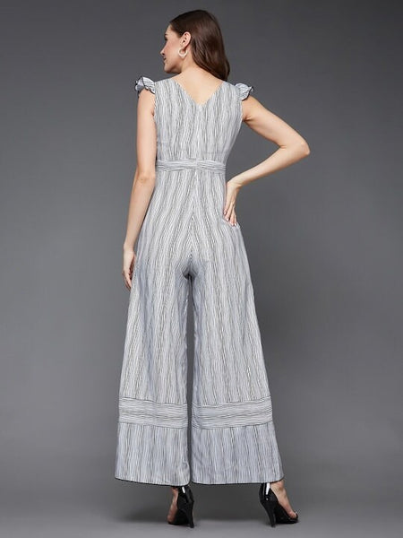 Self design Striped V-Neck Jumpsuit For Women, Indo Western Dress, Party Wear Indian Dress, Jumpsuits, Fusion Wear Outfit, Wedding Wear VitansEthnics