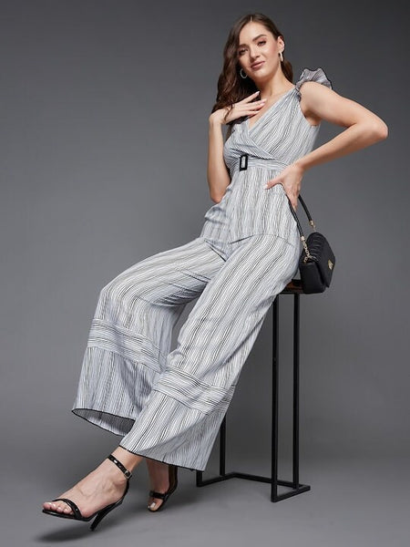 Self design Striped V-Neck Jumpsuit For Women, Indo Western Dress, Party Wear Indian Dress, Jumpsuits, Fusion Wear Outfit, Wedding Wear VitansEthnics