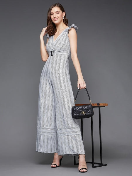 Self design Striped V-Neck Jumpsuit For Women, Indo Western Dress, Party Wear Indian Dress, Jumpsuits, Fusion Wear Outfit, Wedding Wear VitansEthnics