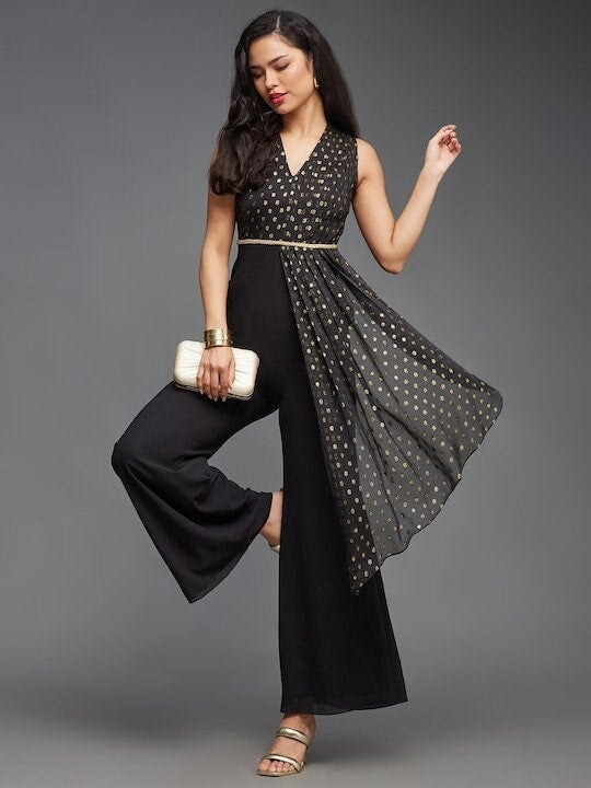 Designer Floral Printed V-Neck Jumpsuit For Women, Indo Western Dress, Party Wear Indian Dress, Jumpsuits For Women, Fusion Wear Outfit VitansEthnics