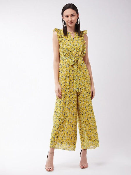 Designer Yellow & Blue Floral Print Jumpsuit For Women, Indo Western Dress, Party Wear Indian Dress, Jumpsuits With Ruffles, Fusion Wear VitansEthnics