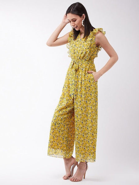 Designer Yellow & Blue Floral Print Jumpsuit For Women, Indo Western Dress, Party Wear Indian Dress, Jumpsuits With Ruffles, Fusion Wear VitansEthnics