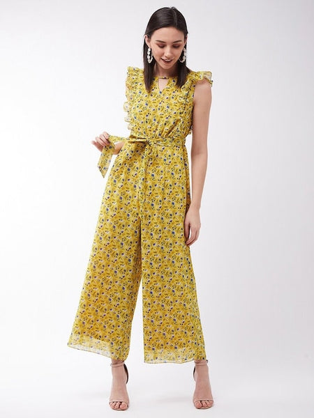 Designer Yellow & Blue Floral Print Jumpsuit For Women, Indo Western Dress, Party Wear Indian Dress, Jumpsuits With Ruffles, Fusion Wear VitansEthnics