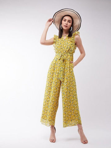 Designer Yellow & Blue Floral Print Jumpsuit For Women, Indo Western Dress, Party Wear Indian Dress, Jumpsuits With Ruffles, Fusion Wear VitansEthnics