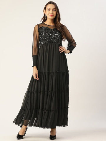 Black Embellished Chiffon Maxi Dress for Women, Indo-Western Dress, Party Wear Indian Outfit, Anarkali, Wedding wear outfit, Maxi Gown Dress VitansEthnics