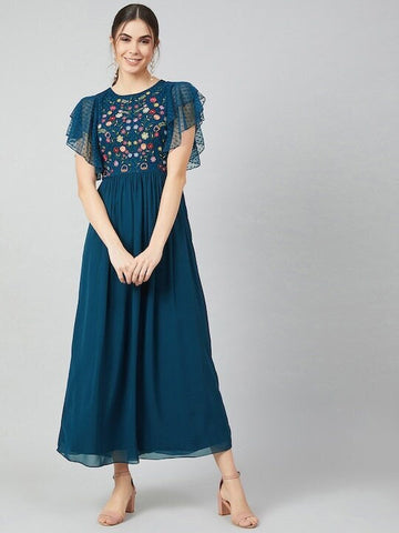 Blue Embroidered Maxi Dress for Women, Indo-Western Dress, Party Wear Indian Outfit, Anarkali, Wedding wear outfit, Maxi Gown Dress VitansEthnics