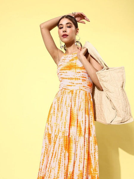 Women Yellow & White Shibori Dyed Maxi Dress, Indo-Western Dress, Party Wear Indian Outfit, Anarkali, Wedding wear outfit, Maxi Gown Dress VitansEthnics