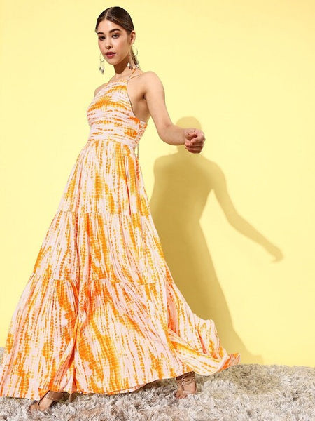 Women Yellow & White Shibori Dyed Maxi Dress, Indo-Western Dress, Party Wear Indian Outfit, Anarkali, Wedding wear outfit, Maxi Gown Dress VitansEthnics