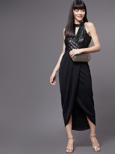 Women Black Keyhole Neck Maxi Dress, Indo-Western Dress, Party Wear Indian Outfit, Wedding wear outfit, Maxi Gown Dress, Fit and Flare Dress VitansEthnics